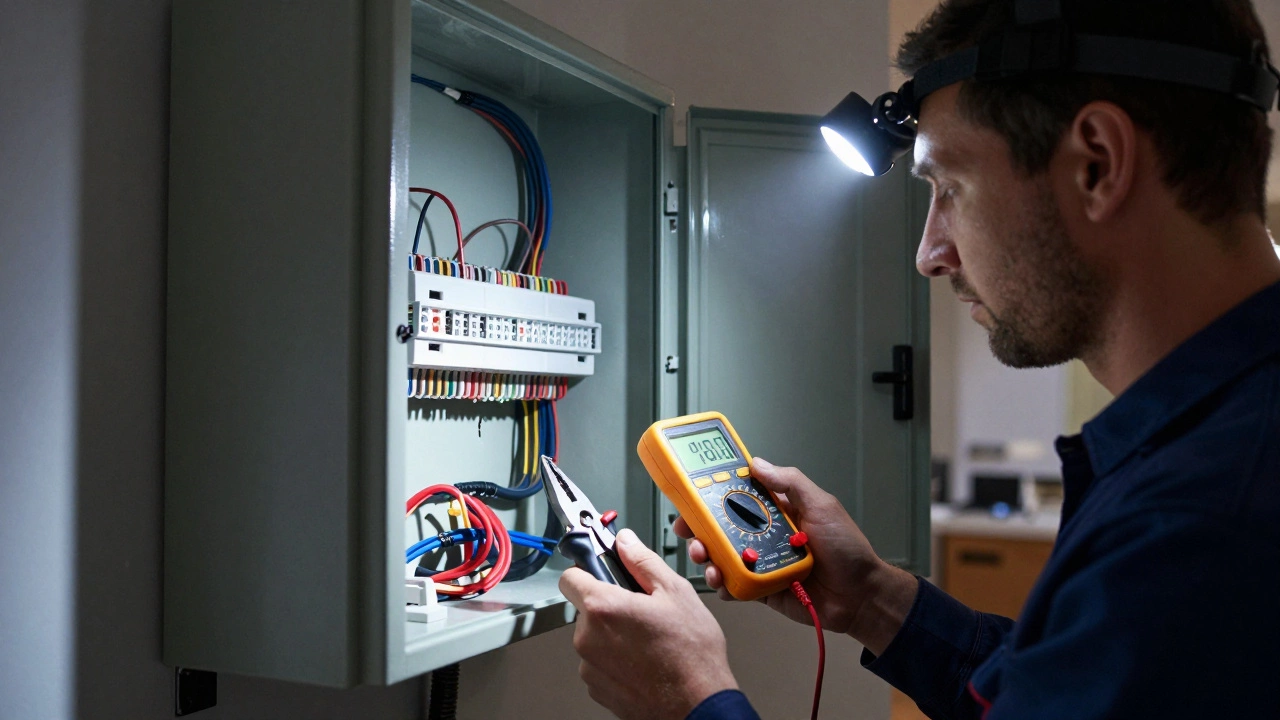 Электрик с мультиметром и налобным фонарем работает с распределительным щитком
