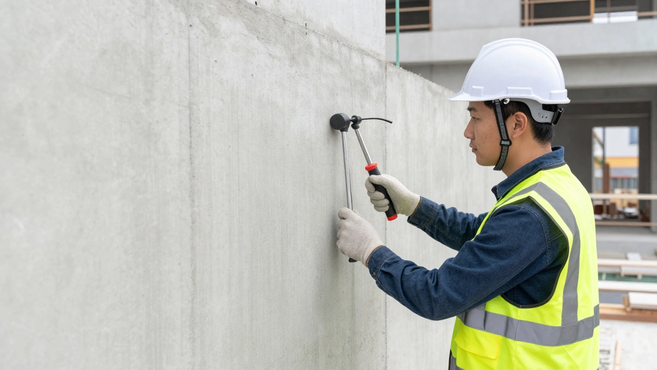 Инженер проверяет прочность застывшего бетона с помощью склерометра