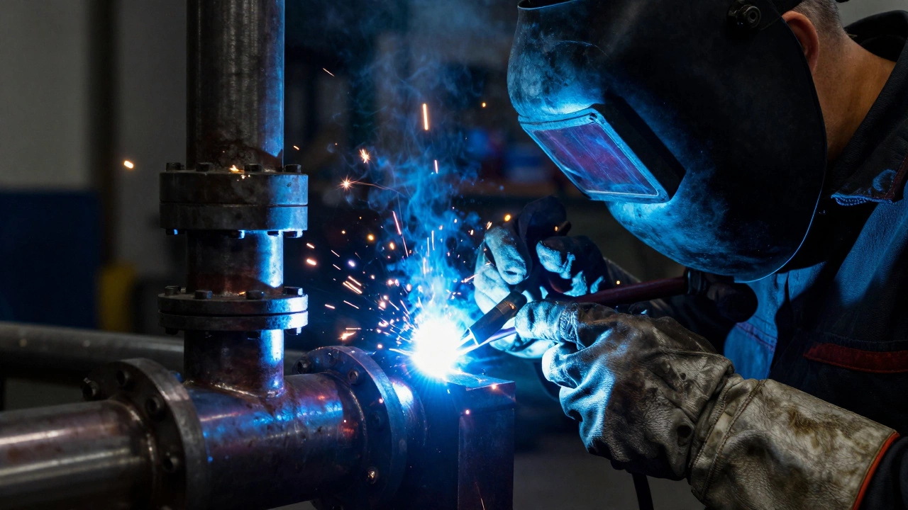 Квалифицированный сварщик выполняет высокоточную аргоновую сварку металла