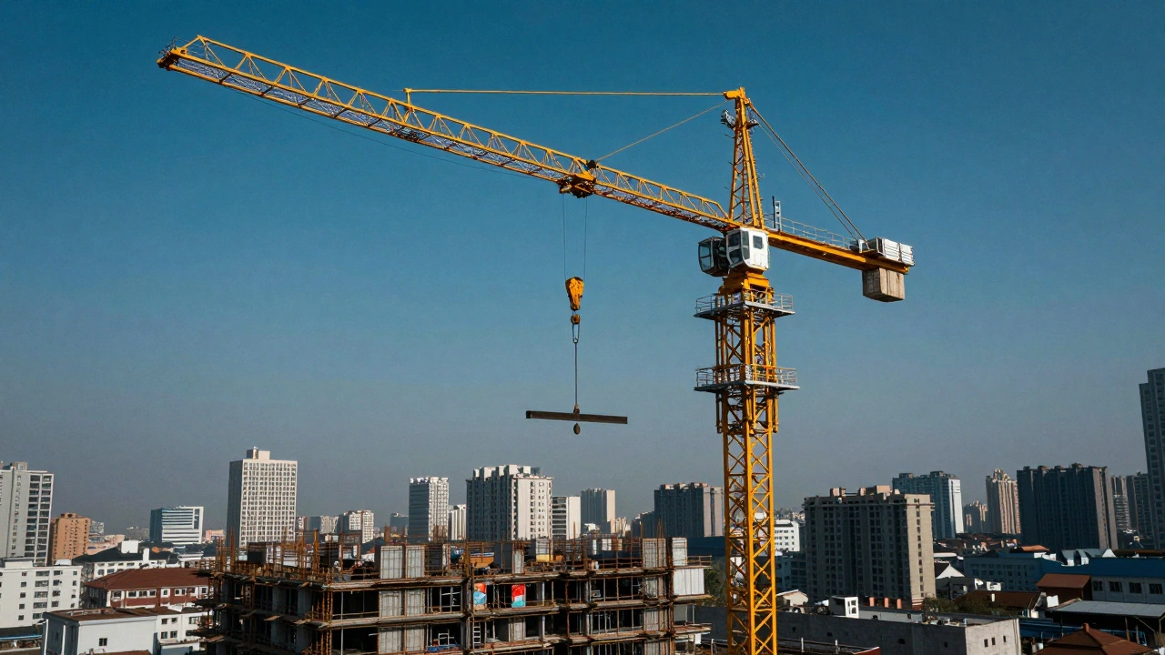 Огромный башенный кран на фоне строящегося многоэтажного здания в городе