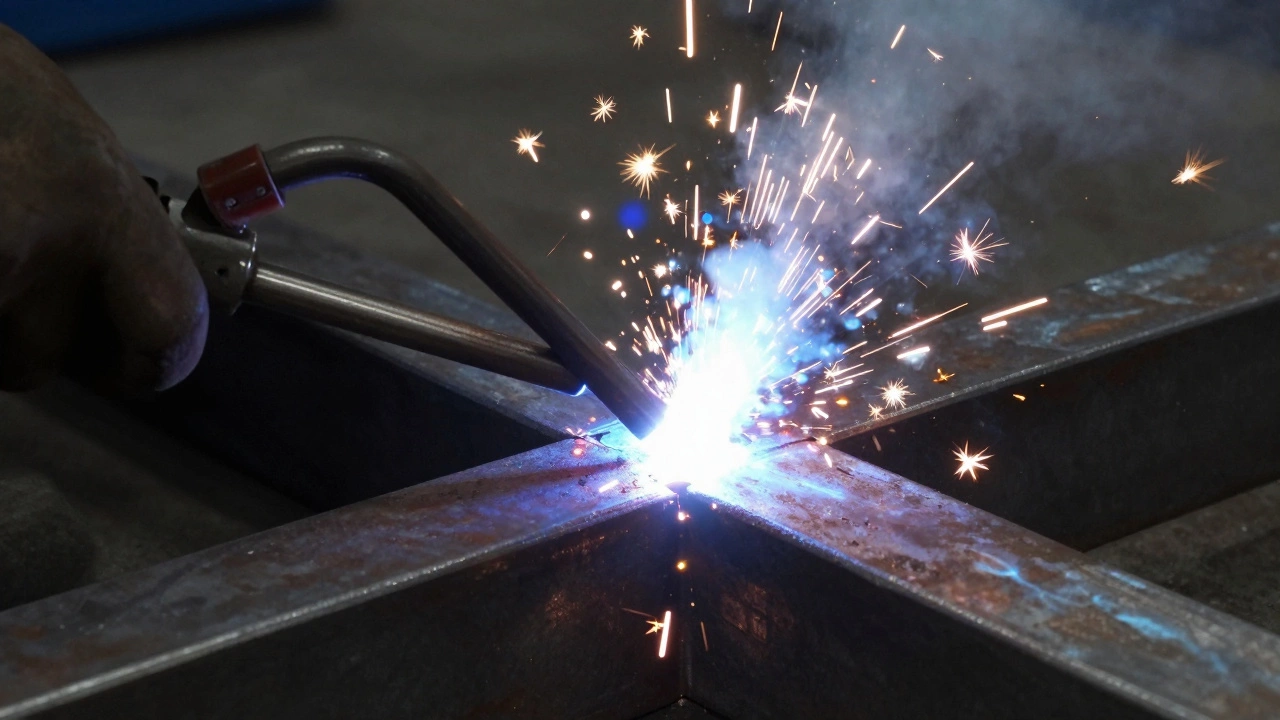 Процесс сварки металла с яркой электрической дугой и летящими искрами