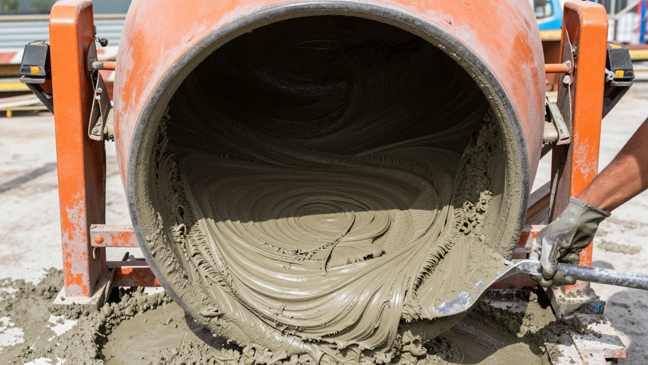 Процесс замеса бетона в бетономешалке и проверка консистенции смеси шпателем