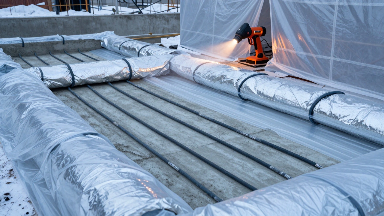 Прогрев бетонной плиты с помощью тепловых кабелей и укрывного материала зимой