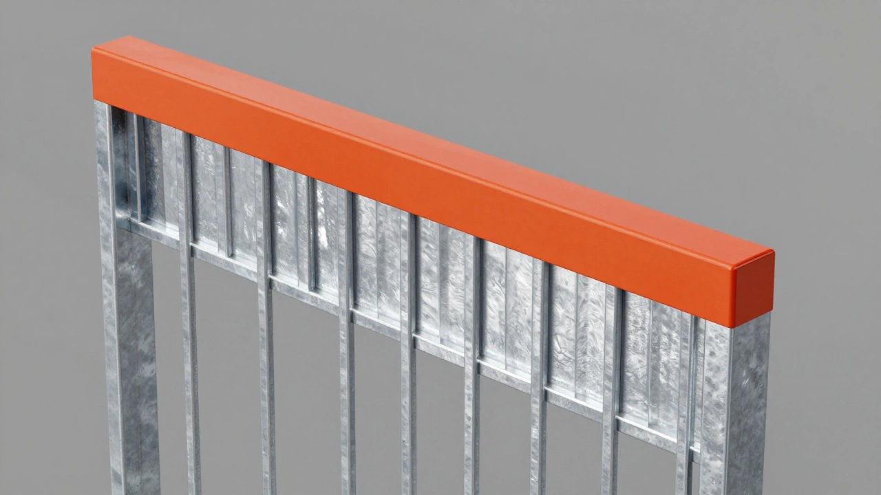 Схема слоев защитного покрытия металлического забора: сталь, цинк и полимер