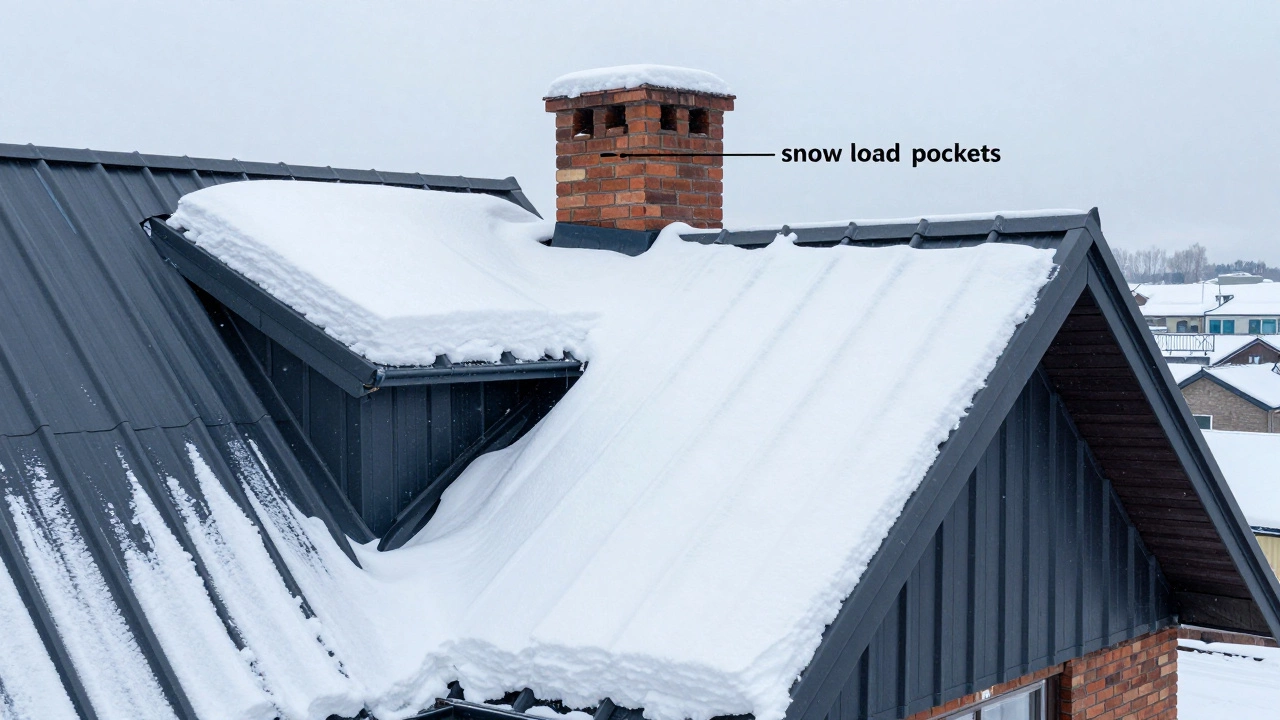 Снежные нагрузки на темной металлической крыше дома с акцентом на скопления снега у дымохода