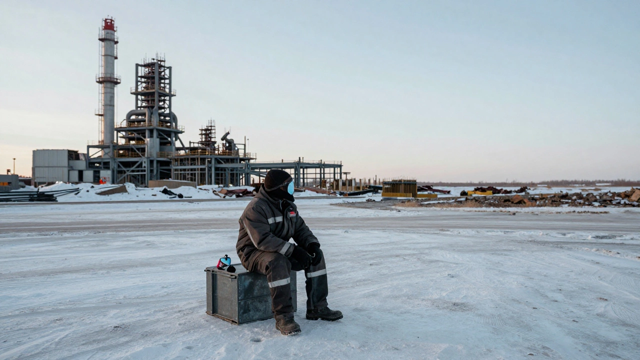Сварщик на вахте отдыхает на фоне масштабного северного строительства