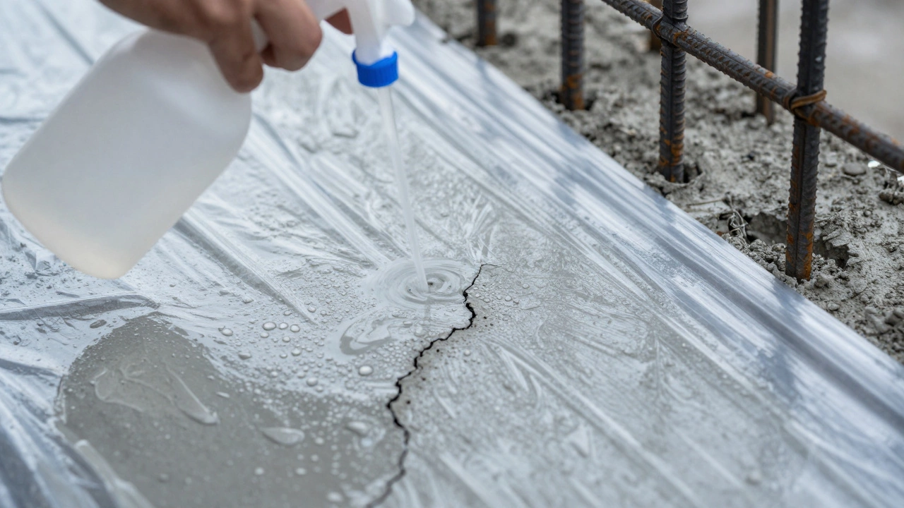 Свежезалитый бетон под полиэтиленовой пленкой с арматурой для предотвращения трещин