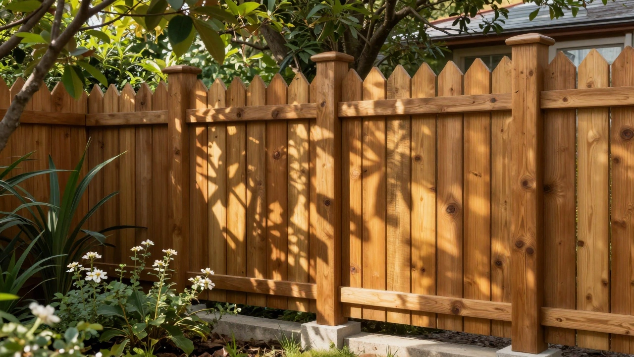 Уютный деревянный забор из лиственницы в цветущем саду